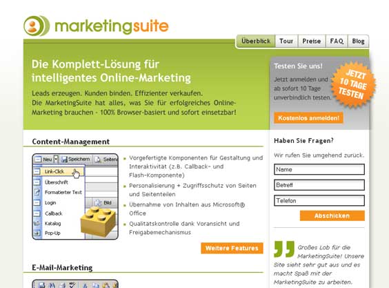 Internet-Projekte: Screenshot der Gölz & Schwarz MarketingSuite Hauptseite